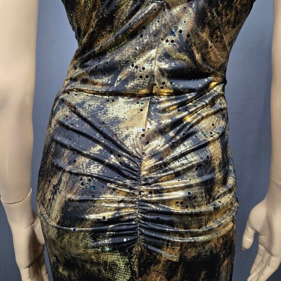 Y2K Art Deco Maxi Dress Womens Size M Gold Glitter Black Slinky Party Cocktail - Picture 5 of 13